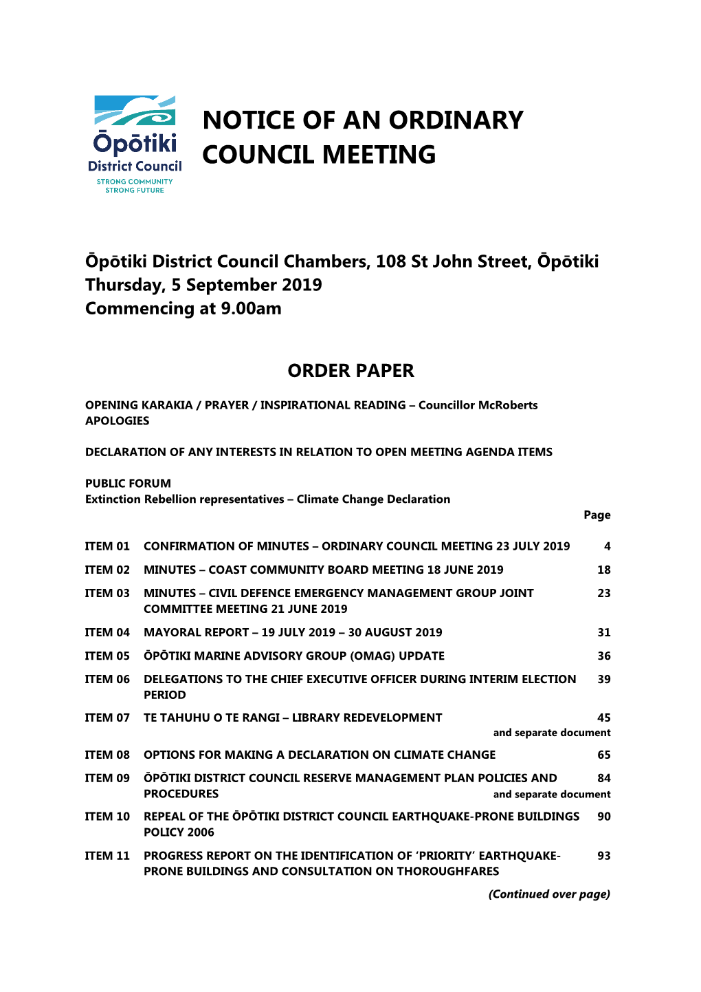 Notice of an Ordinary Council Meeting