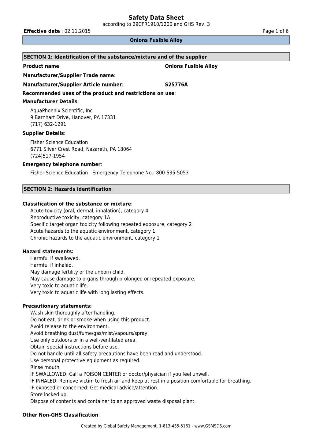 Safety Data Sheet According to 29CFR1910/1200 and GHS Rev