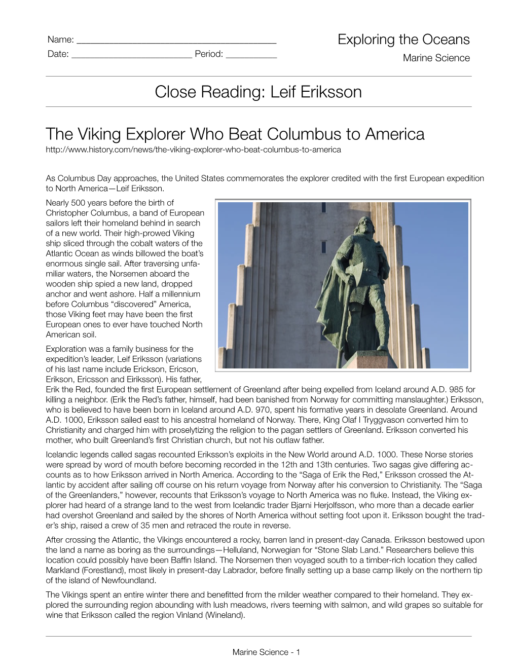 Close Reading: Leif Eriksson