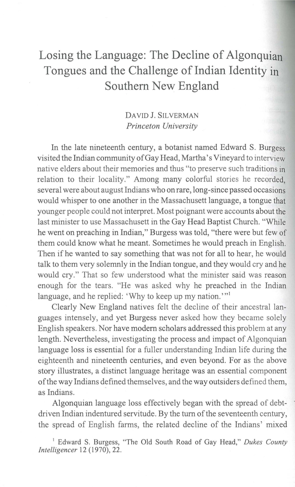 The Decline of Algonquian Tongues and the Challenge of Indian Identity in Southern New England