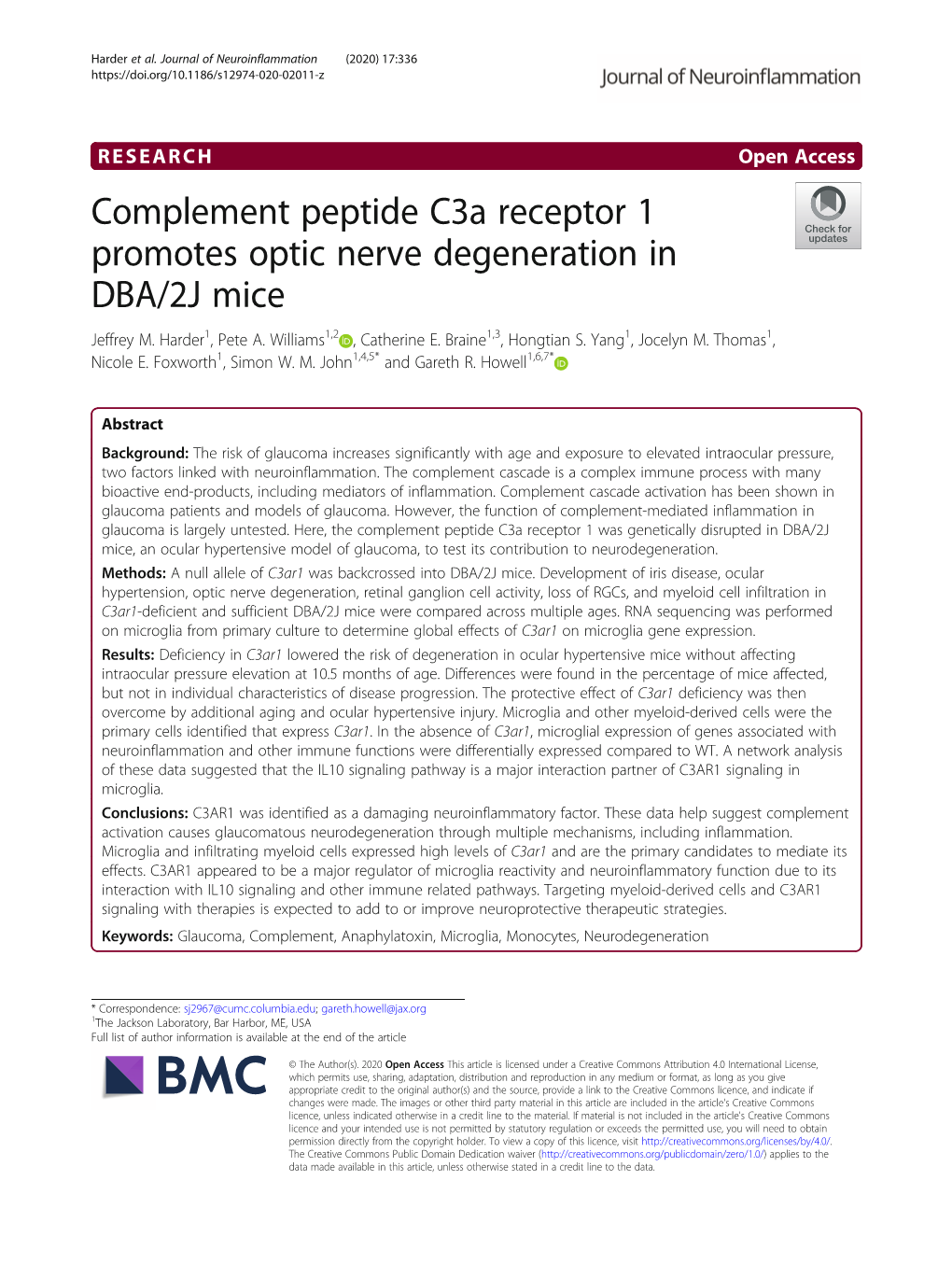 Complement Peptide C3a Receptor 1 Promotes Optic Nerve Degeneration in DBA/2J Mice Jeffrey M