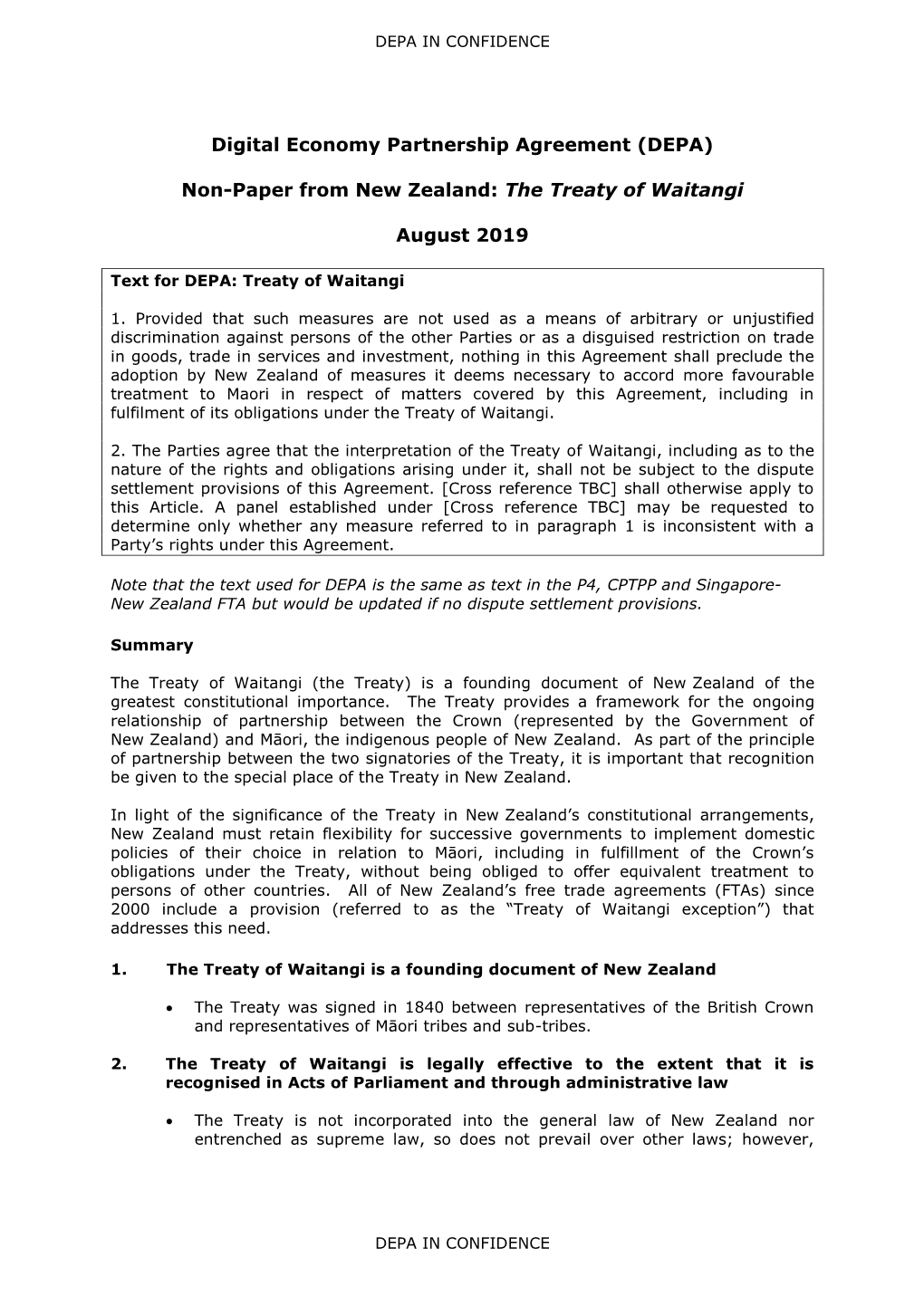 DEPA Treaty of Waitangi New Zealand August 2019