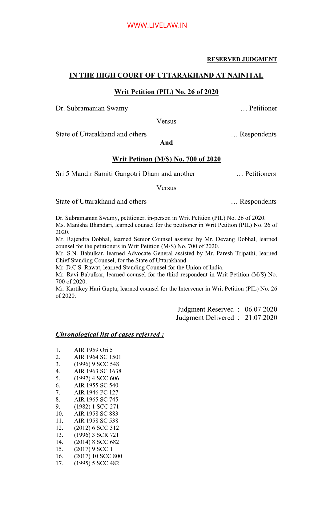 (PIL) No. 26 of 2020 Dr. Subramanian Swamy … Petitioner Versus St