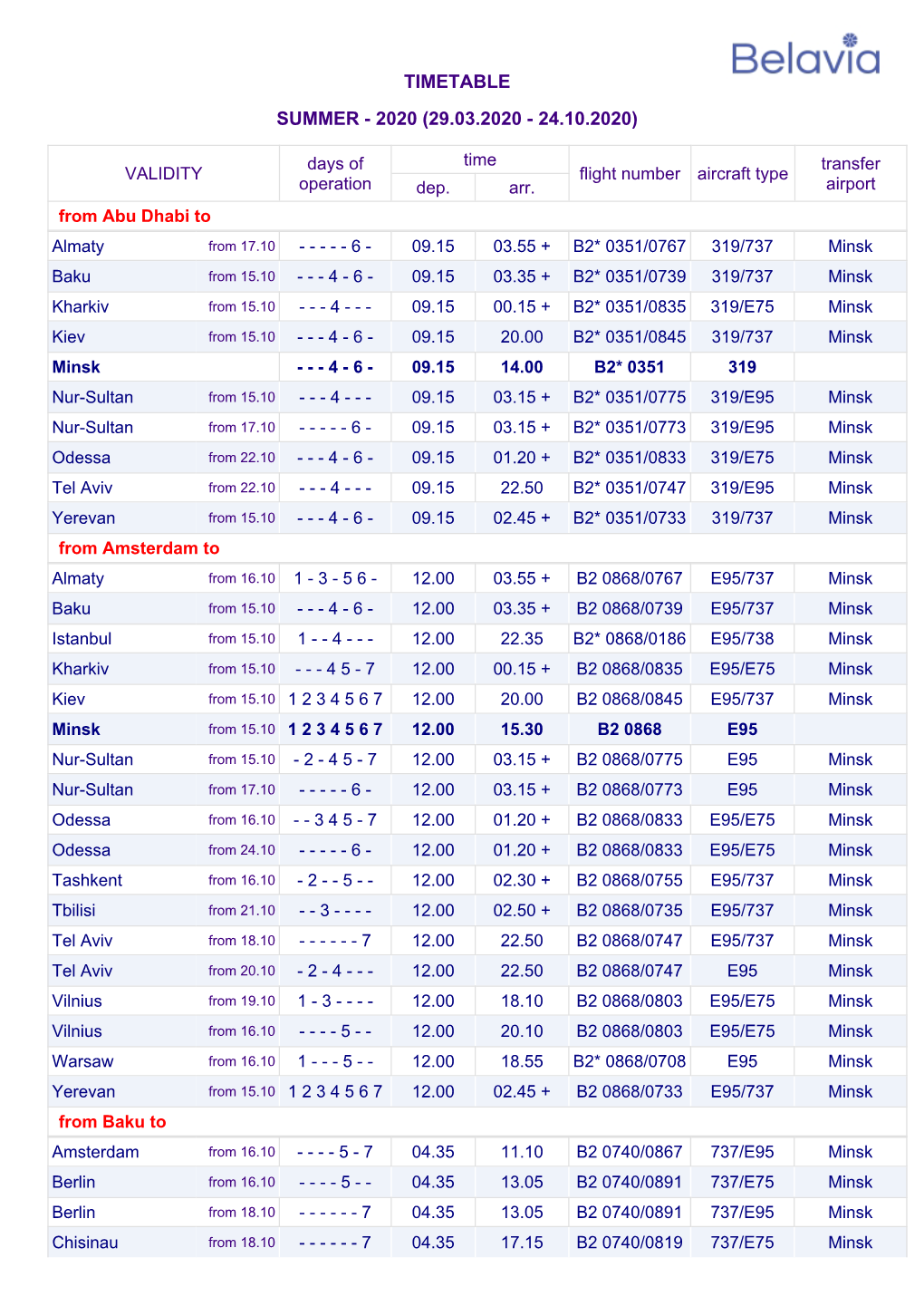 Timetable Summer - 2020 (29.03.2020 - 24.10.2020)