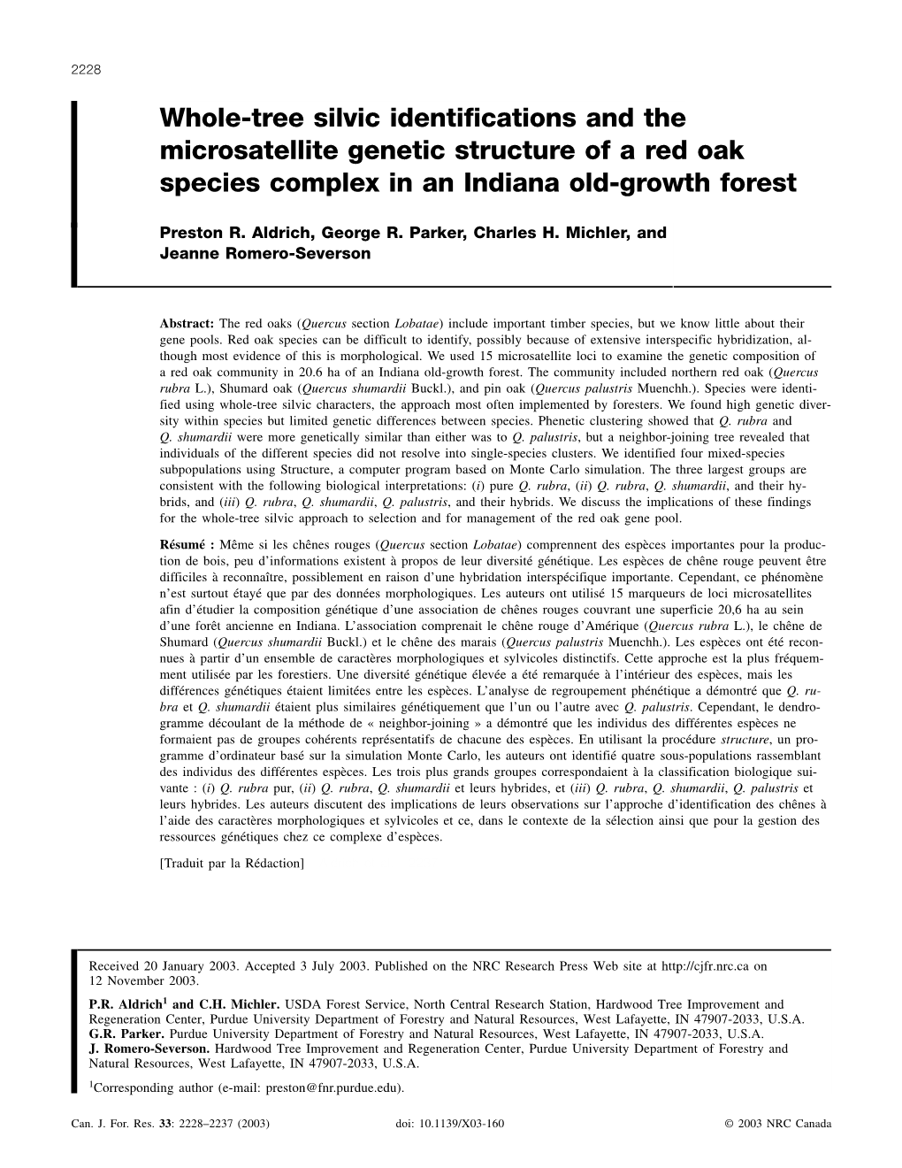 Whole-Tree Silvic Identifications and the Microsatellite Genetic Structure of a Red Oak Species Complex in an Indiana Old-Growth Forest