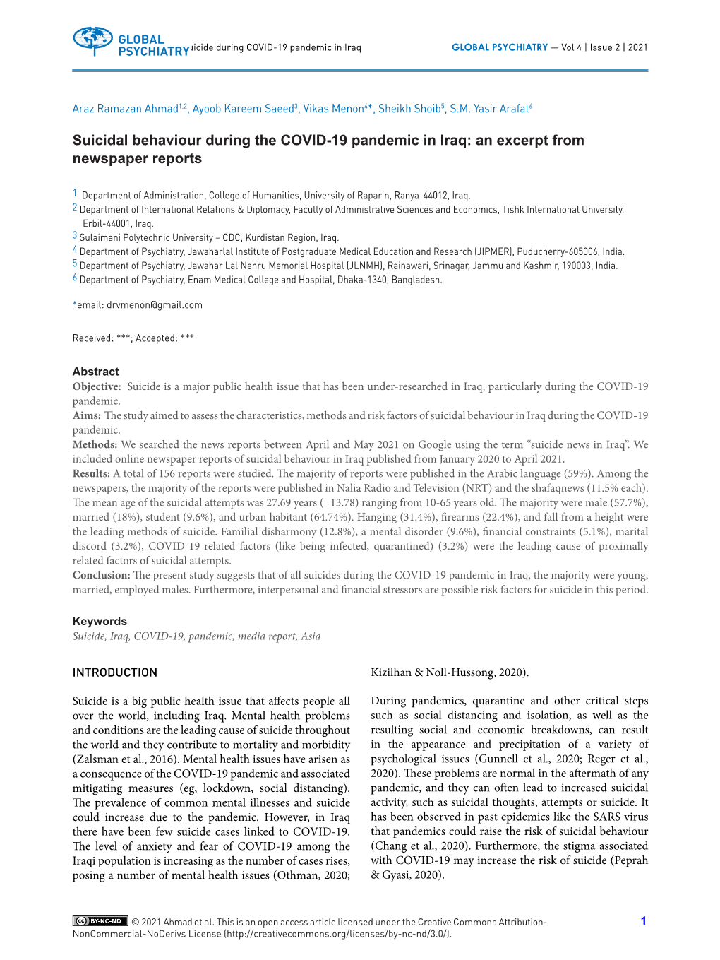 Suicidal Behaviour During the COVID-19 Pandemic in Iraq: an Excerpt from Newspaper Reports