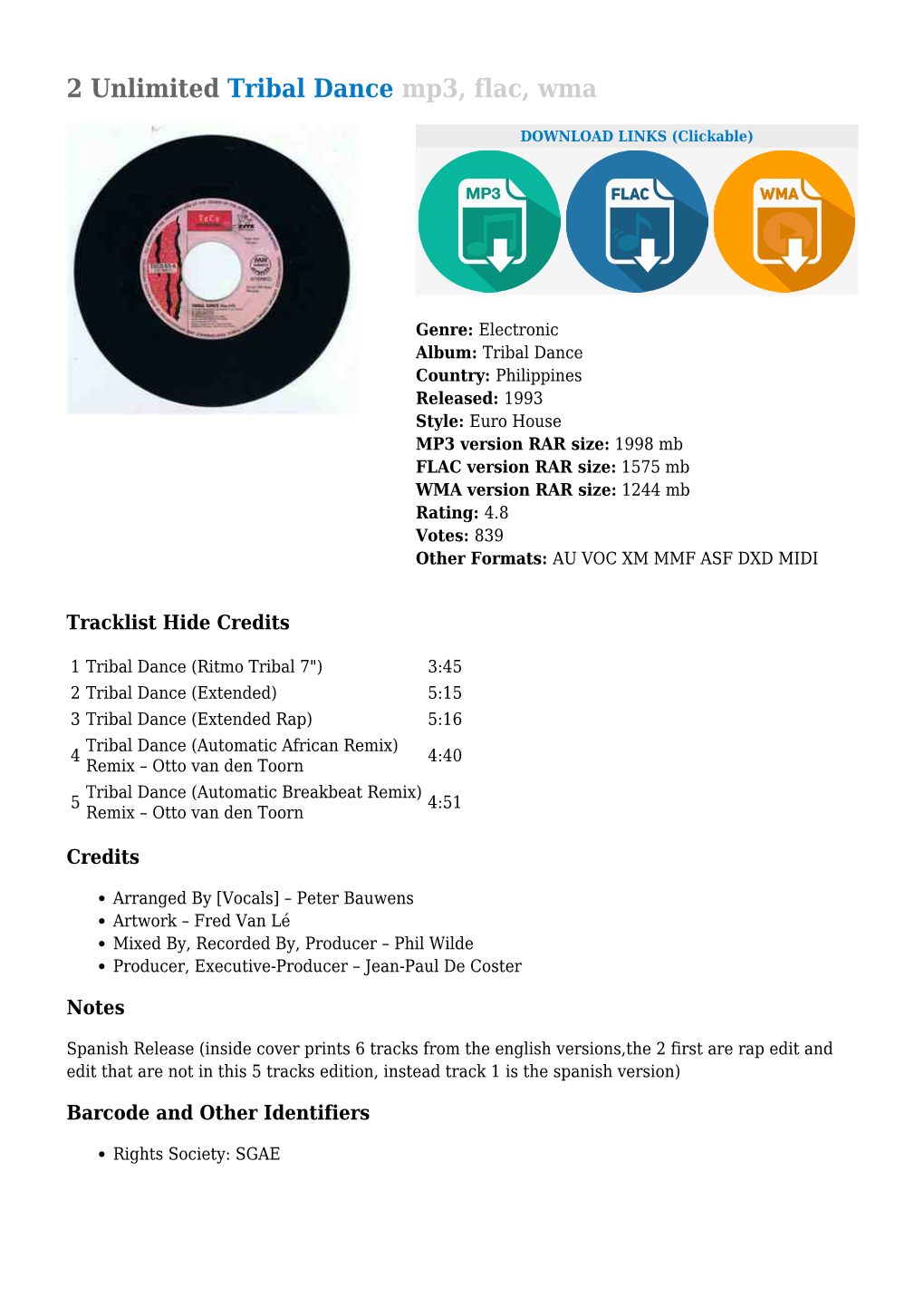 2 Unlimited Tribal Dance Mp3, Flac, Wma