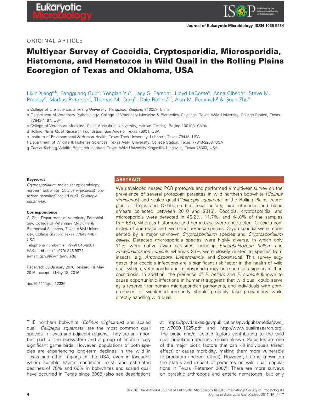 Multiyear Survey of Coccidia, Cryptosporidia, Microsporidia, Histomona, and Hematozoa in Wild Quail in the Rolling Plains Ecoregion of Texas and Oklahoma, USA