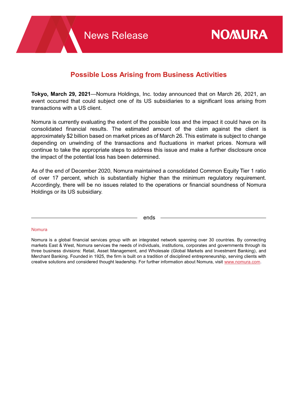 News Release Nomura Holdings Possible Loss Arising From