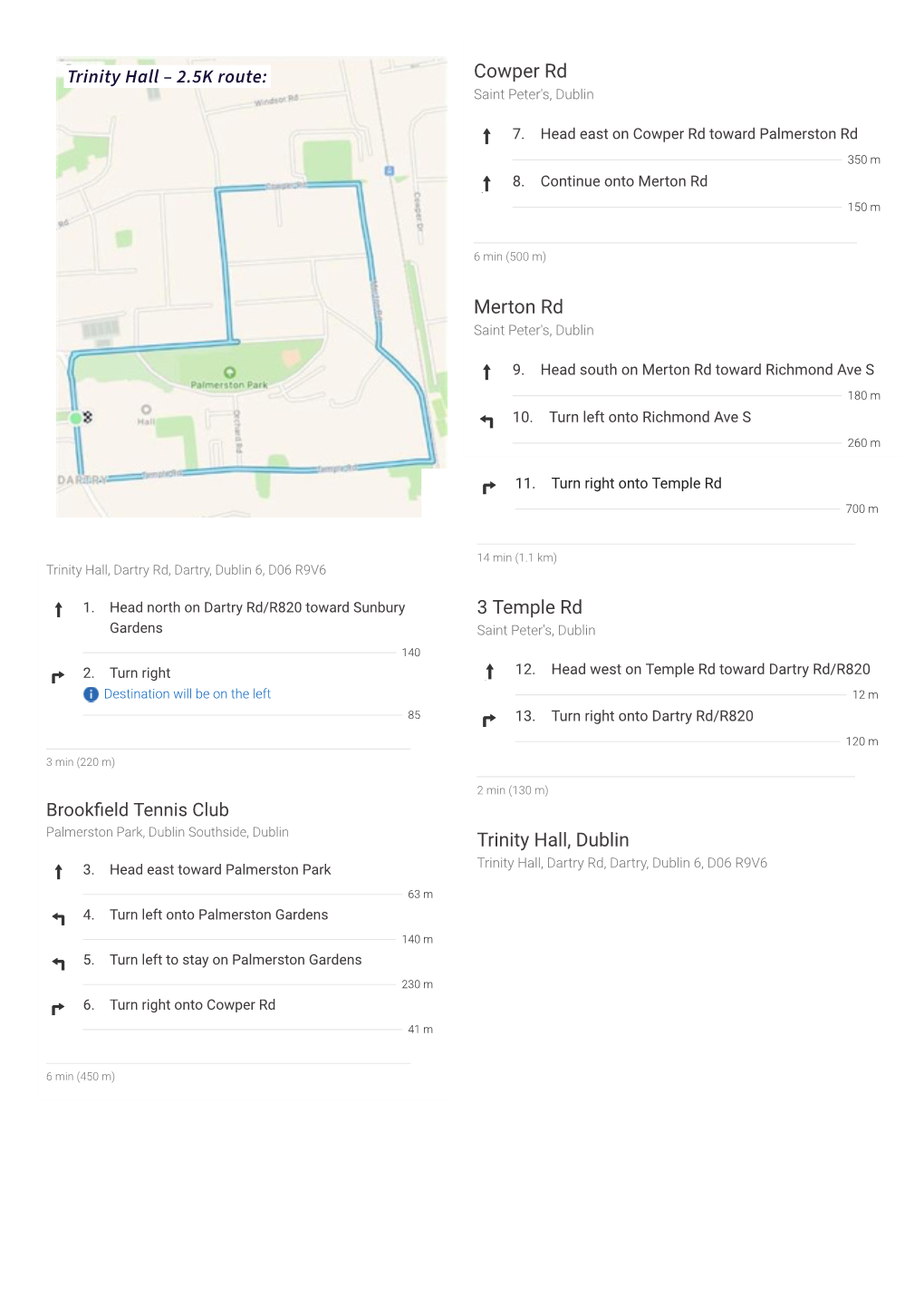 2.5K Route: Cowper Rd Merton Rd 3 Temple Rd Trinity Hall, Dublin