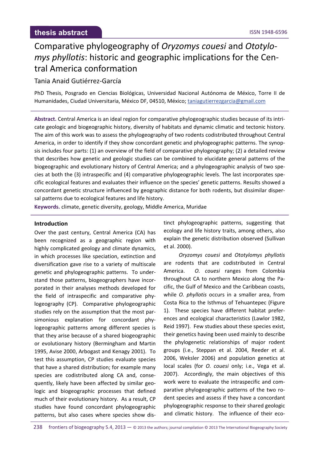 Comparative Phylogeography of Oryzomys Couesi and Ototylo