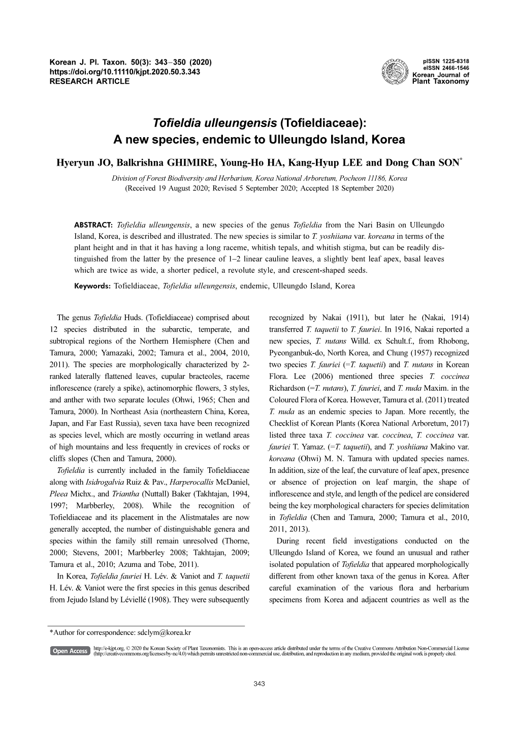 Tofieldia Ulleungensis (Tofieldiaceae): a New Species, Endemic to Ulleungdo Island, Korea