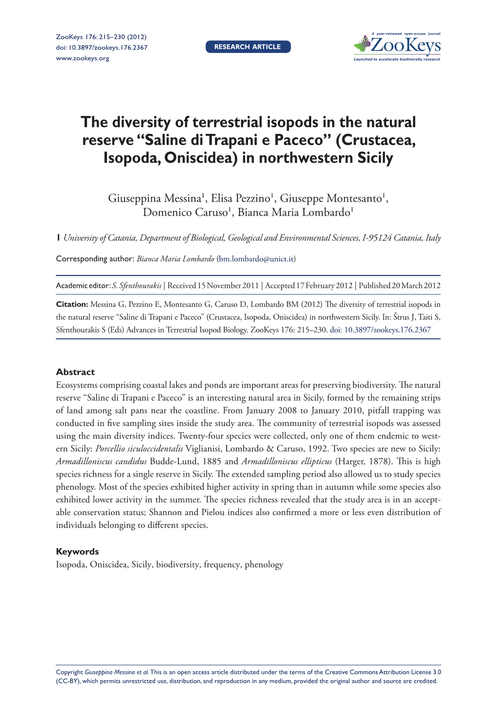 The Diversity of Terrestrial Isopods in the Natural Reserve “Saline Di Trapani E Paceco” (Crustacea, Isopoda, Oniscidea) in Northwestern Sicily