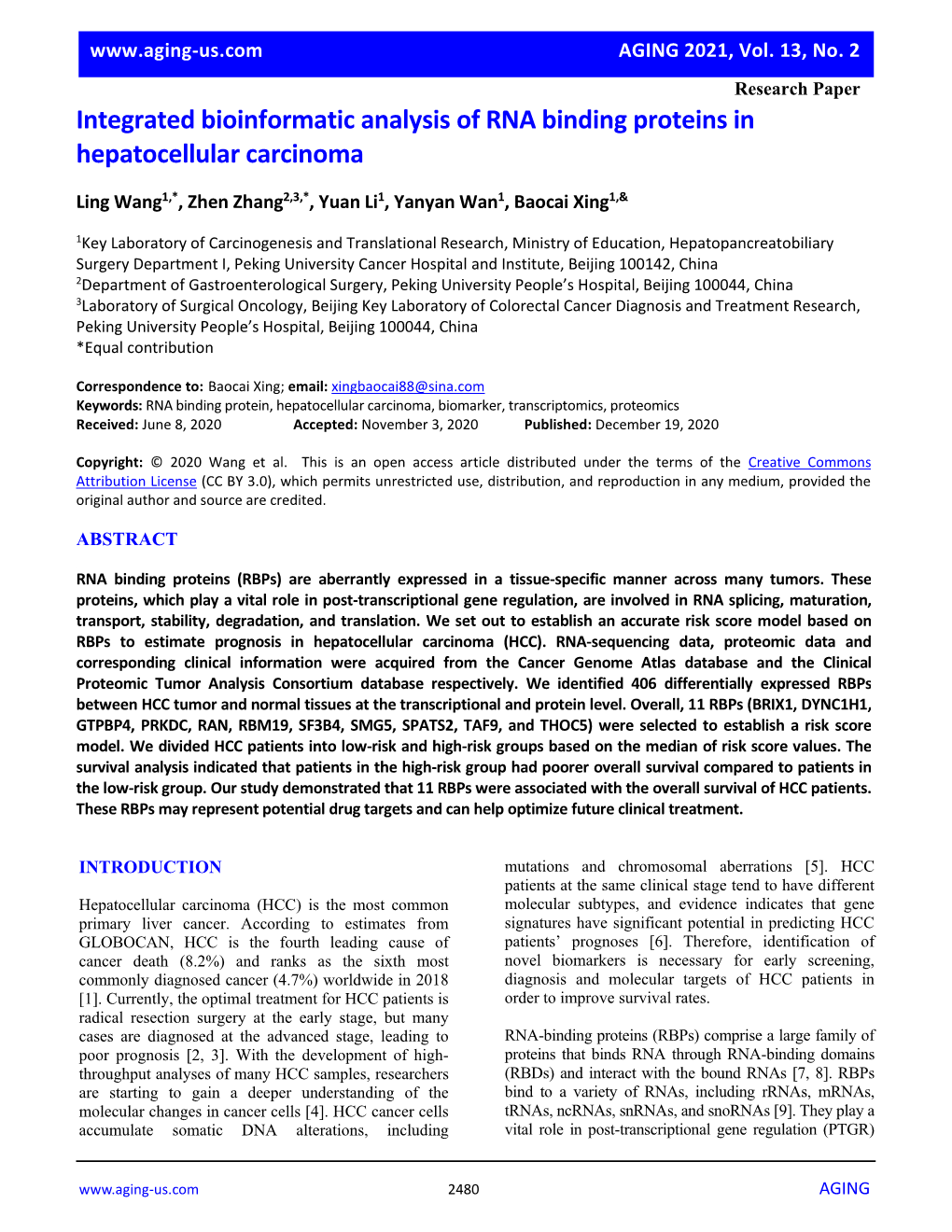 Integrated Bioinformatic Analysis of RNA Binding Proteins in Hepatocellular Carcinoma