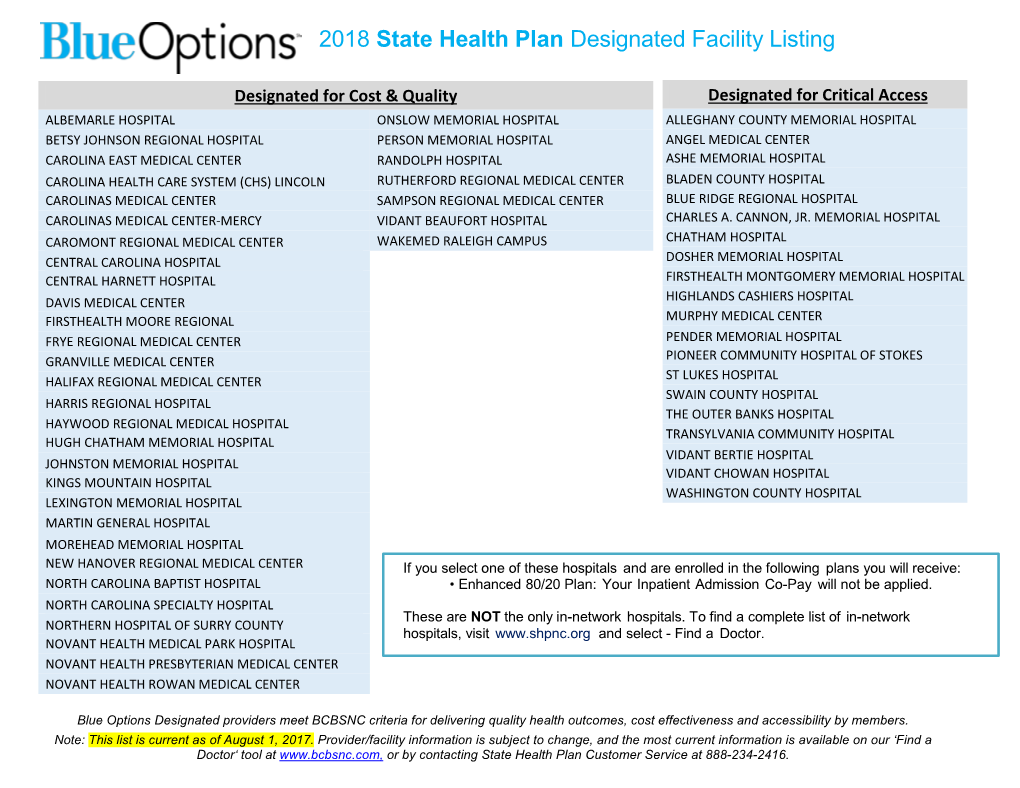 2018 State Health Plan Designated Facility Listing