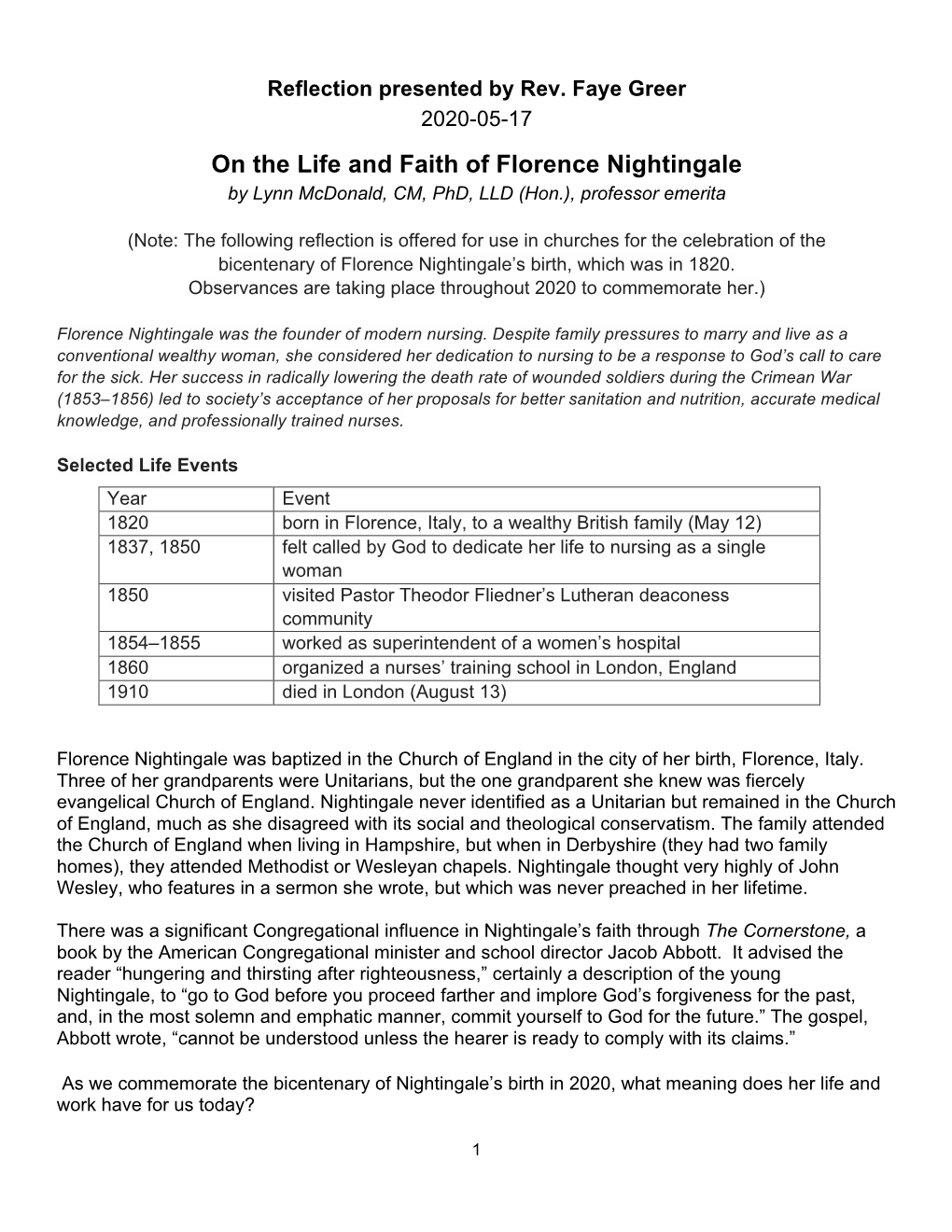 On the Life and Faith of Florence Nightingale by Lynn Mcdonald, CM, Phd, LLD (Hon.), Professor Emerita