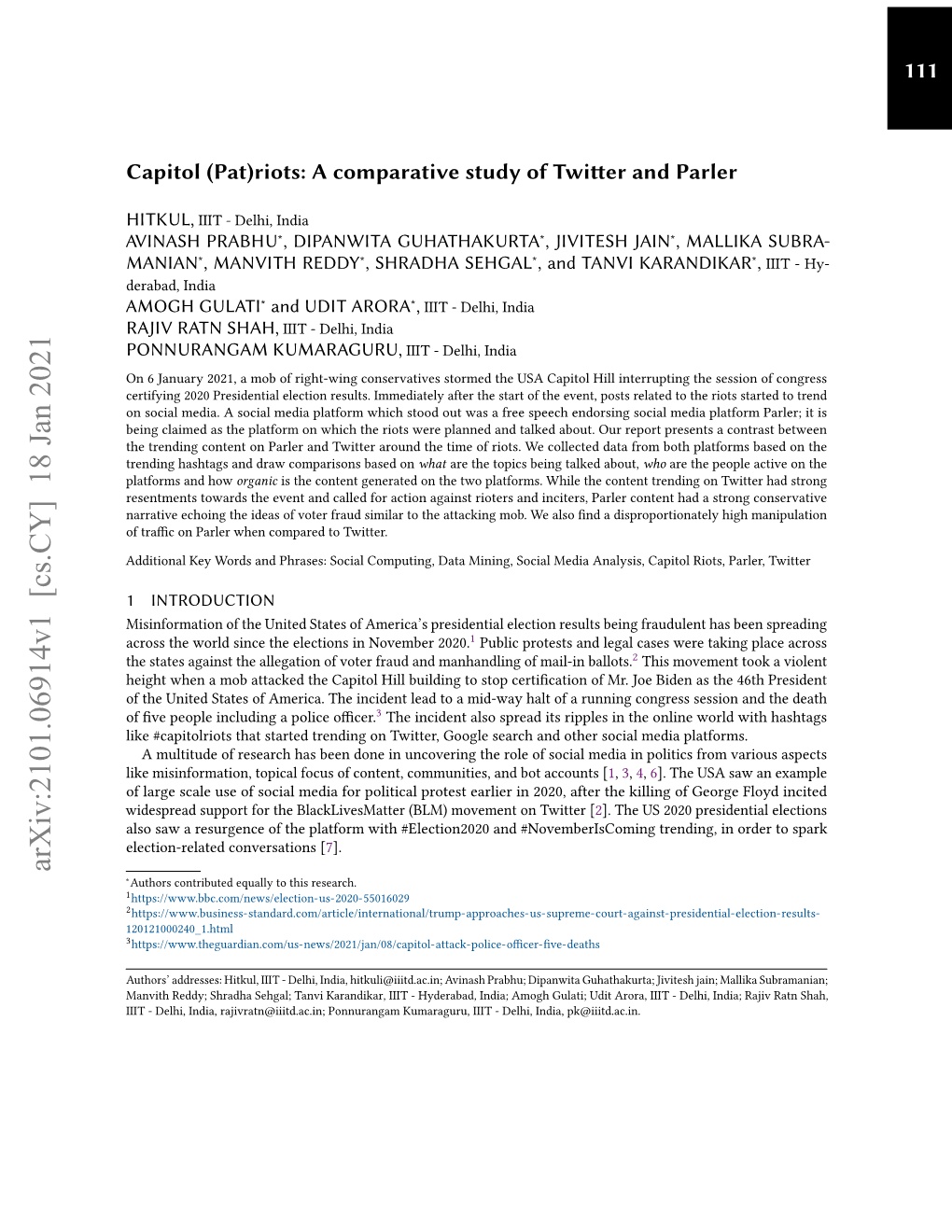 Riots: a Comparative Study of Twitter and Parler