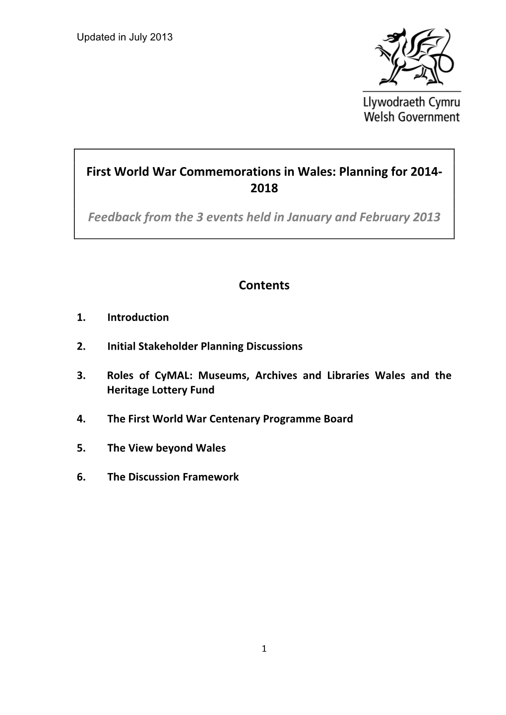 First World War Commemorations in Wales: Planning for 2014- 2018