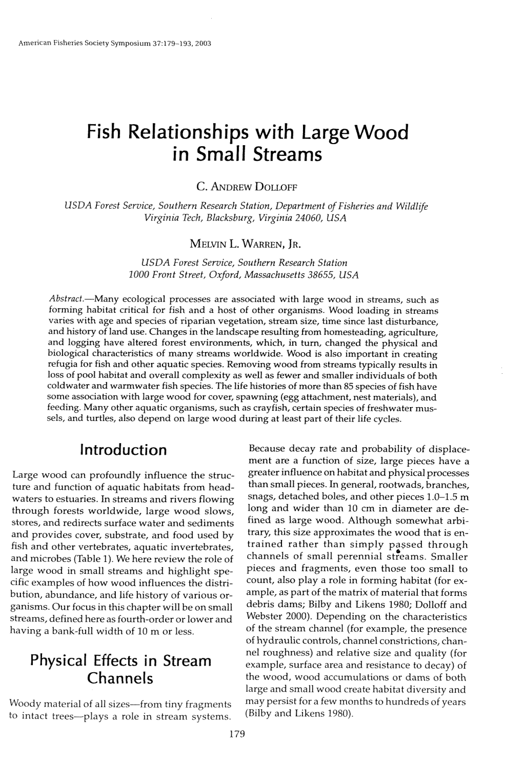 Fish Relationships with Large Wood in Small Streams