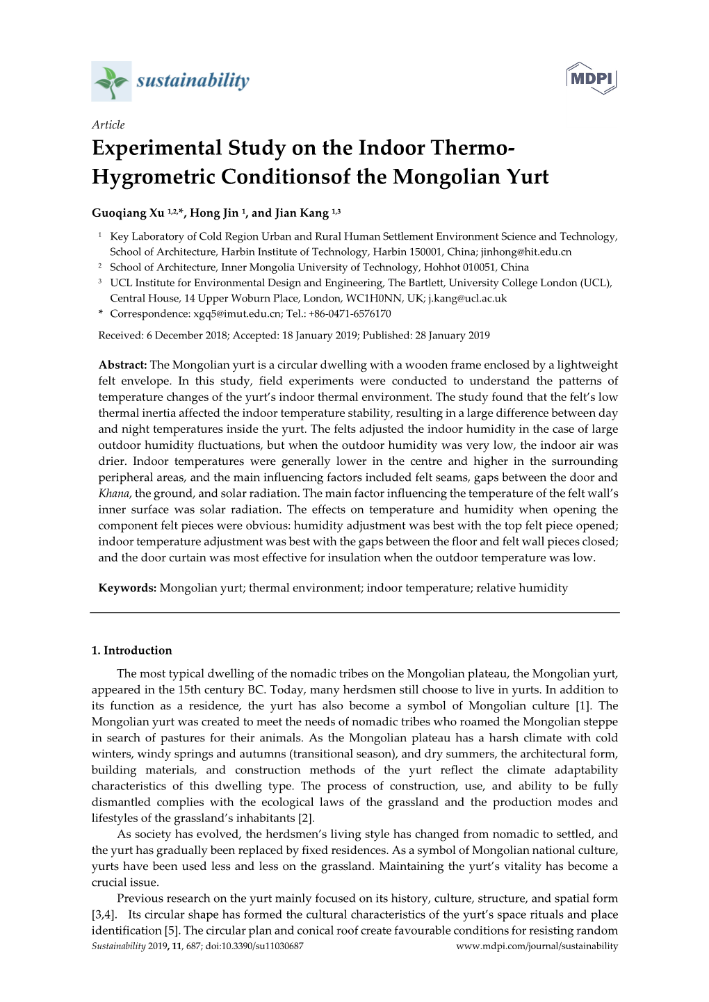 Hygrometric Conditionsof the Mongolian Yurt