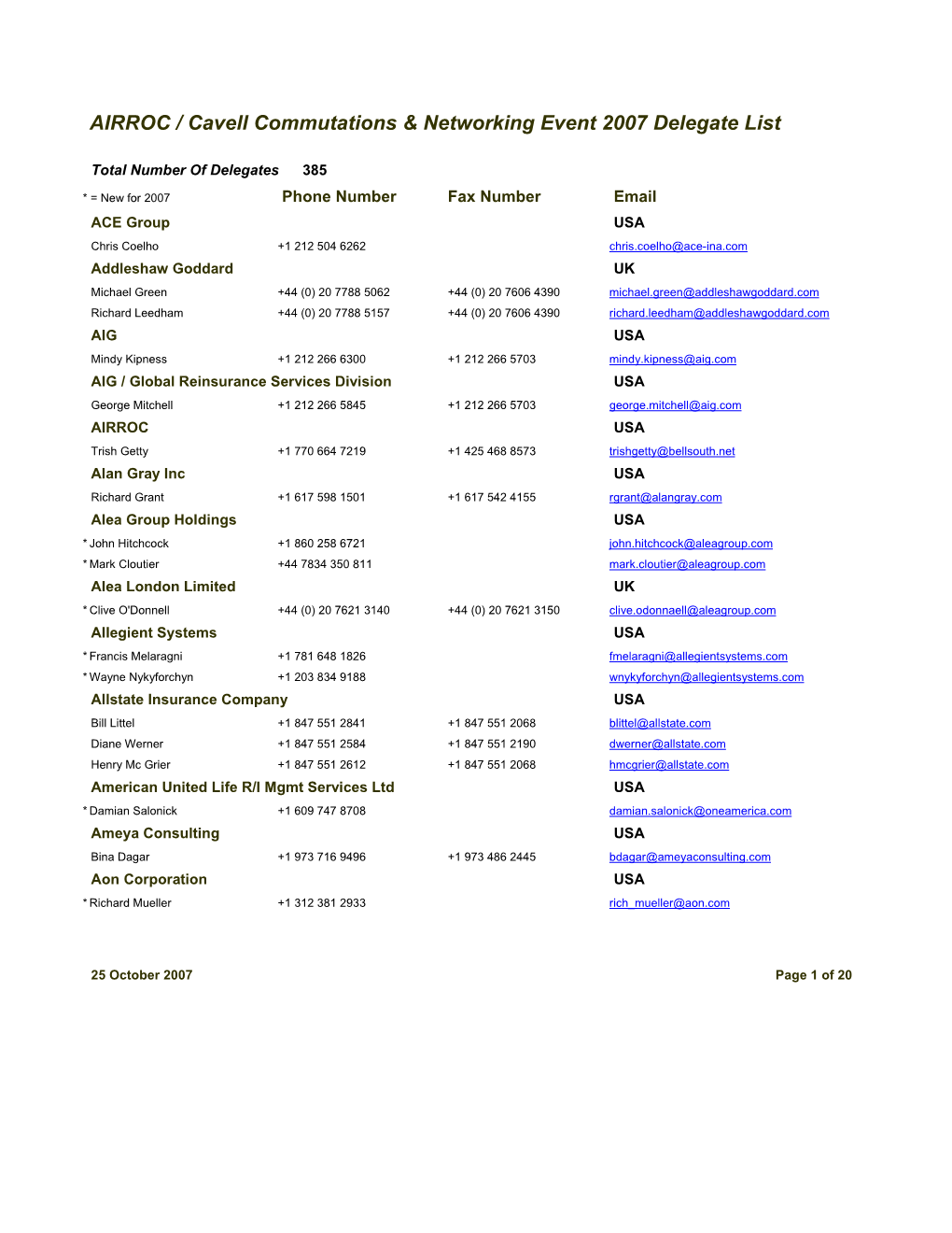 AIRROC / Cavell Commutations & Networking Event 2007 Delegate List