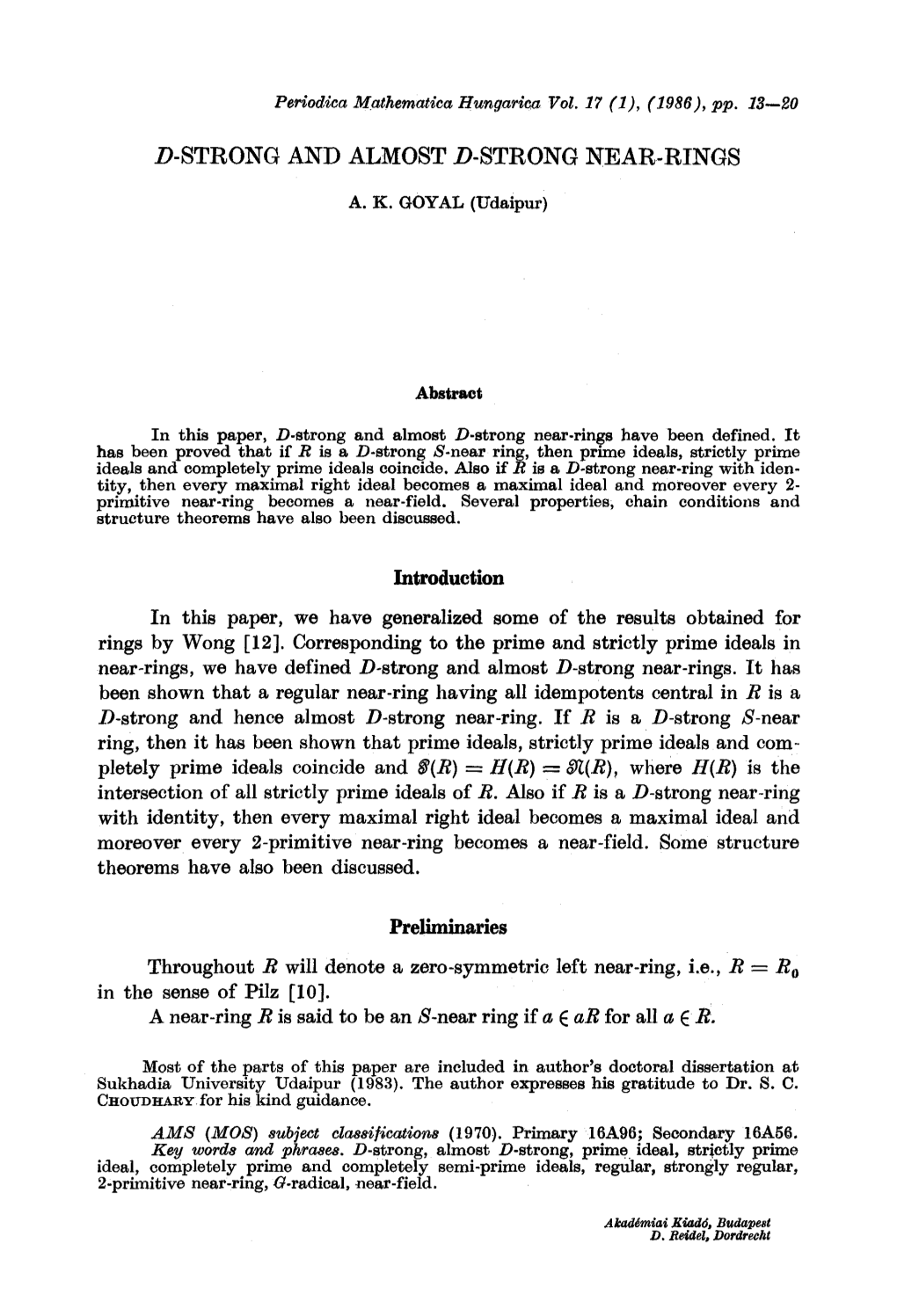 Abstract in This Paper, D-Strong and Almost D-Strong Near-Rings Ha