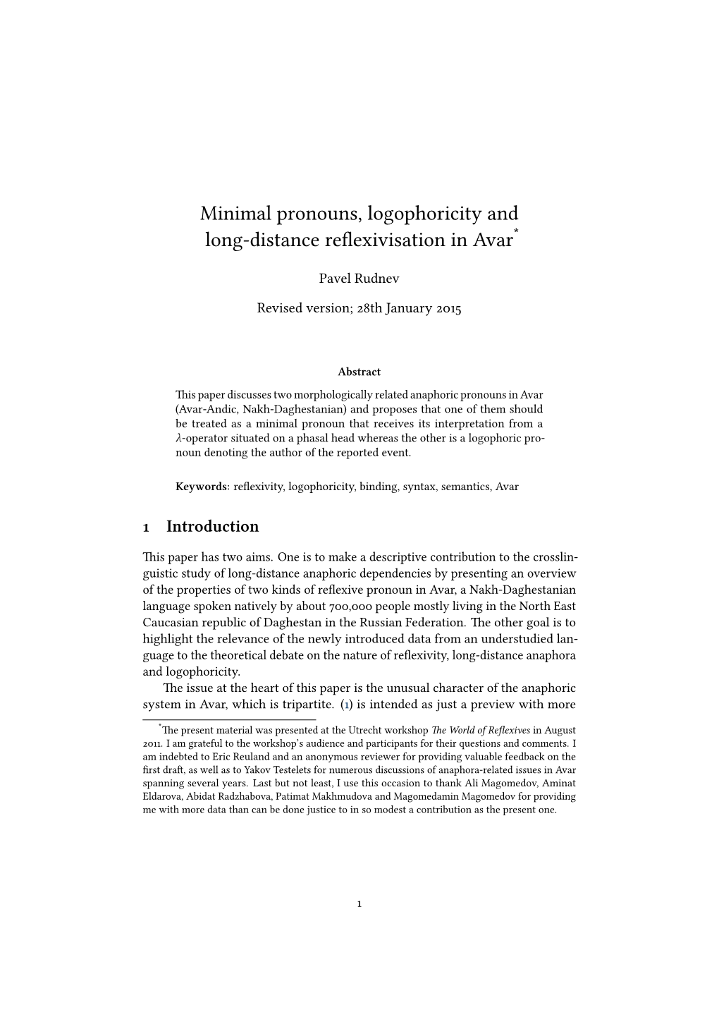 Minimal Pronouns, Logophoricity and Long-Distance Reflexivisation in Avar