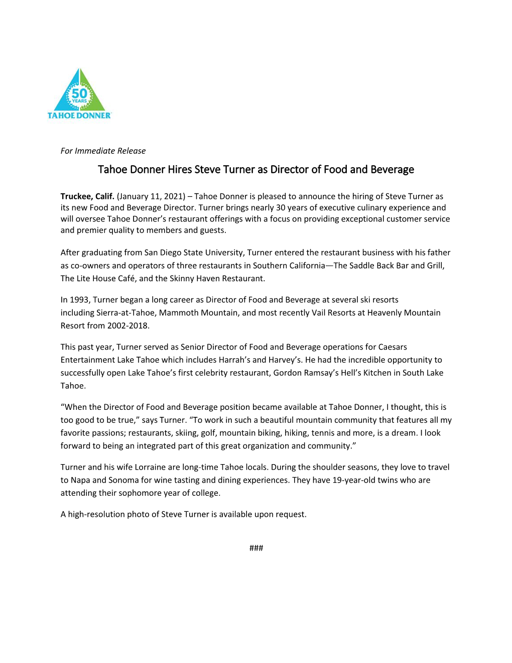 Tahoe Donner Hires Steve Turner As Director of Food and Beverage