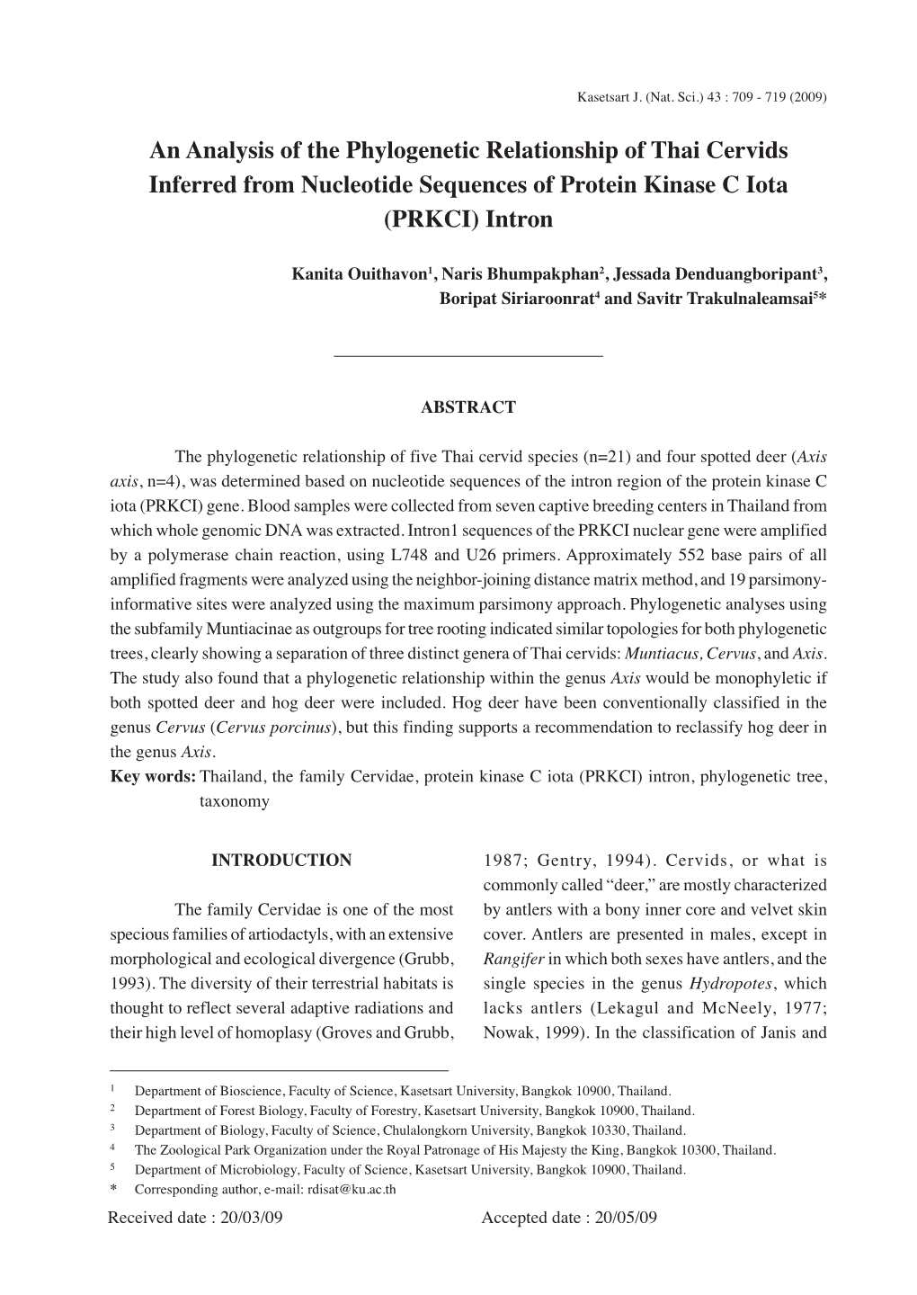 An Analysis of the Phylogenetic Relationship of Thai Cervids Inferred from Nucleotide Sequences of Protein Kinase C Iota (PRKCI) Intron