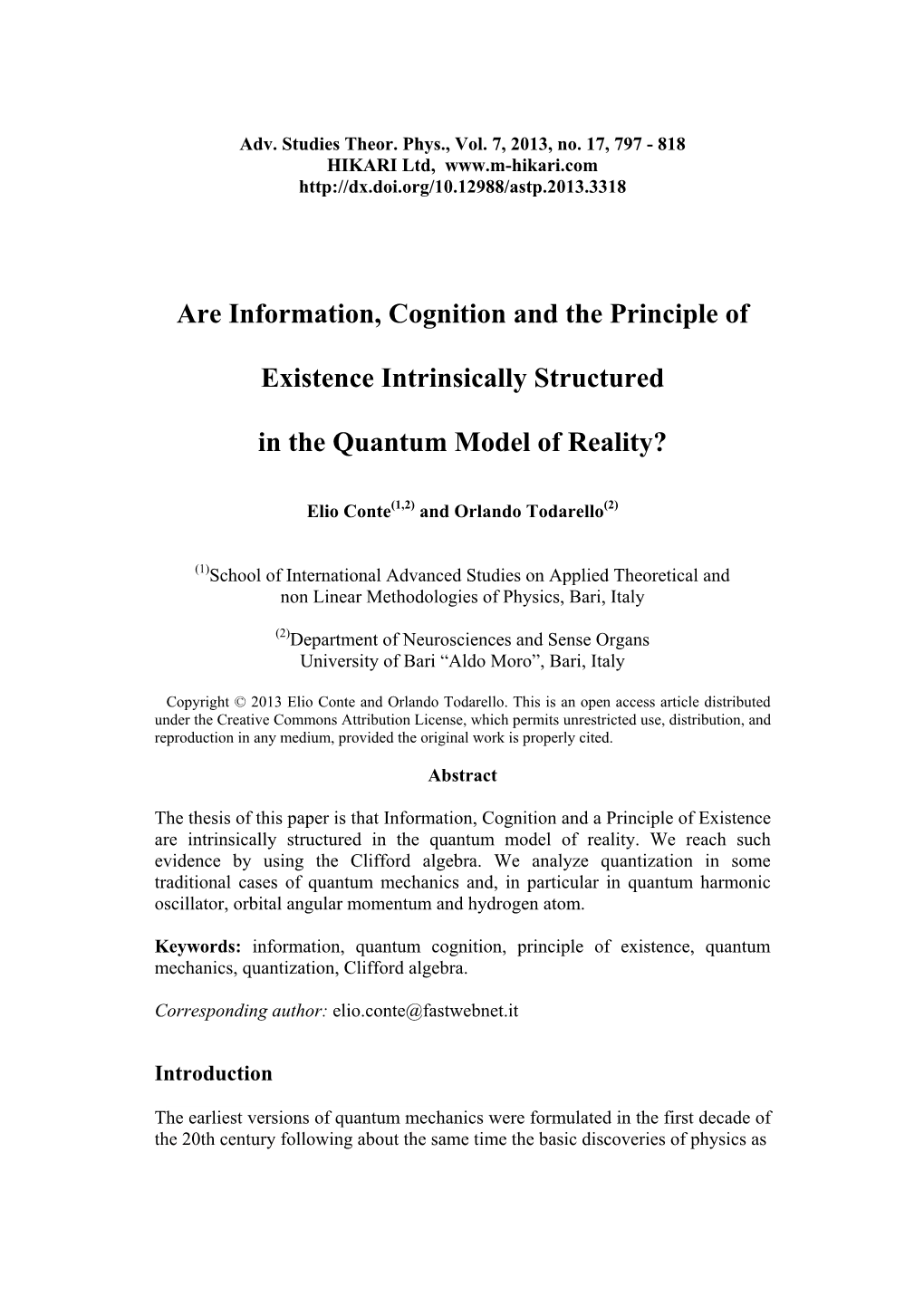 Are Information, Cognition and the Principle of Existence Intrinsically