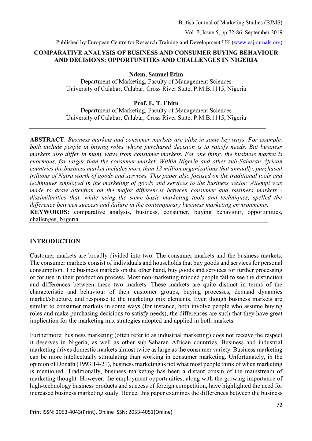 Comparative Analysis of Business and Consumer Buying Behaviour and Decisions: Opportunities and Challenges in Nigeria