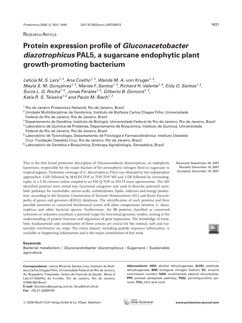 Protein Expression Profile of Gluconacetobacter Diazotrophicus PAL5, a Sugarcane Endophytic Plant Growth-Promoting Bacterium