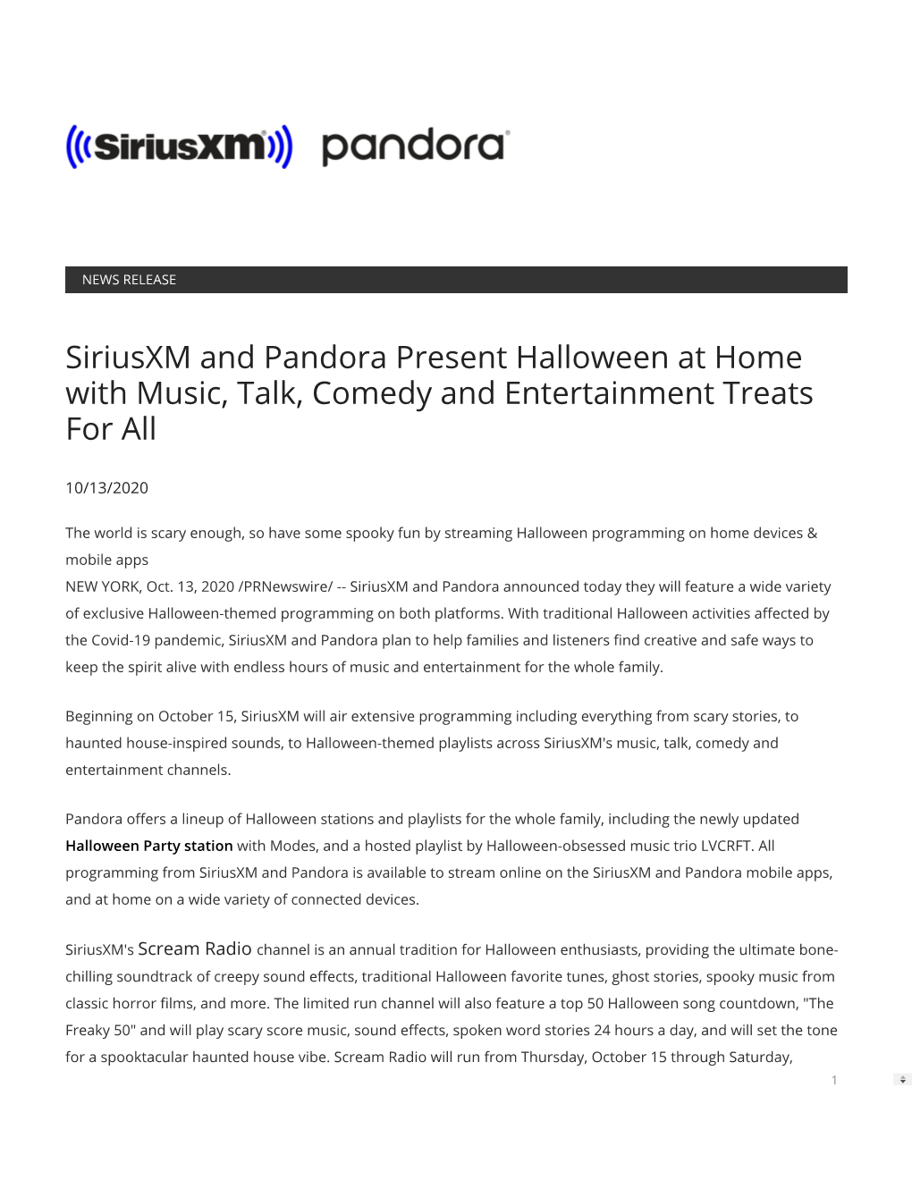 Siriusxm and Pandora Present Halloween at Home with Music, Talk, Comedy and Entertainment Treats for All