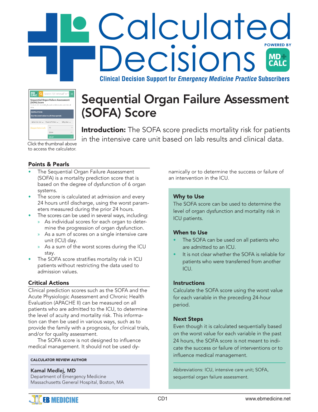 Sequential Organ Failure Assessment (SOFA) Score