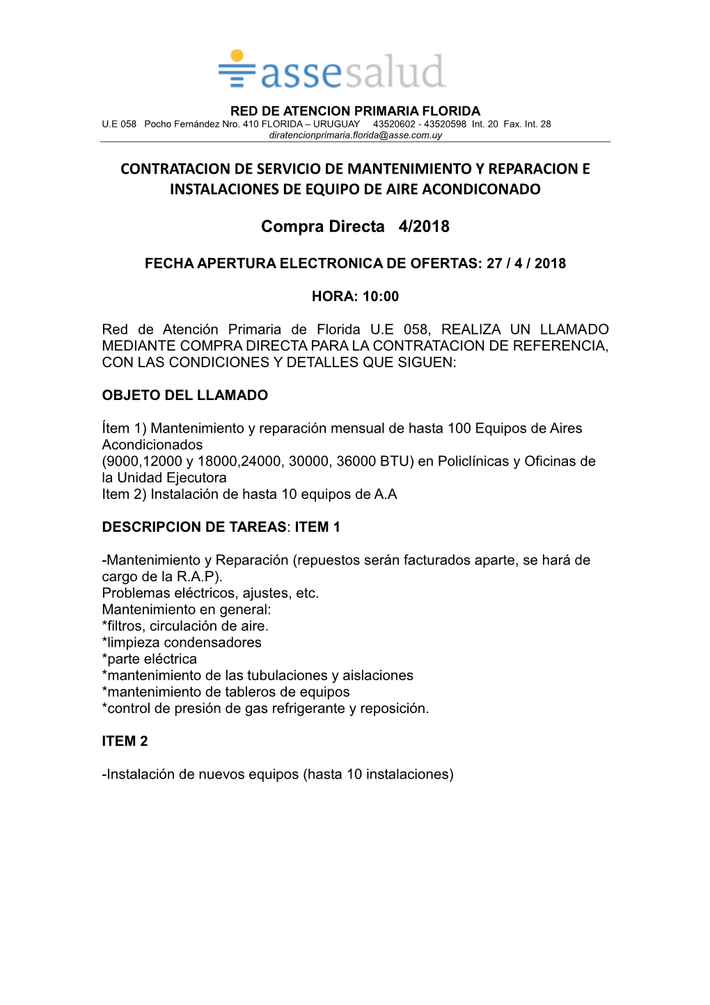 Contratacion De Servicio De Mantenimiento Y Reparacion E Instalaciones De Equipo De Aire Acondiconado