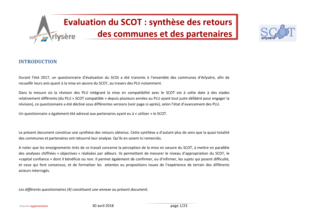 Evaluation Du SCOT : Synthèse Des Retours Des Communes Et Des Partenaires