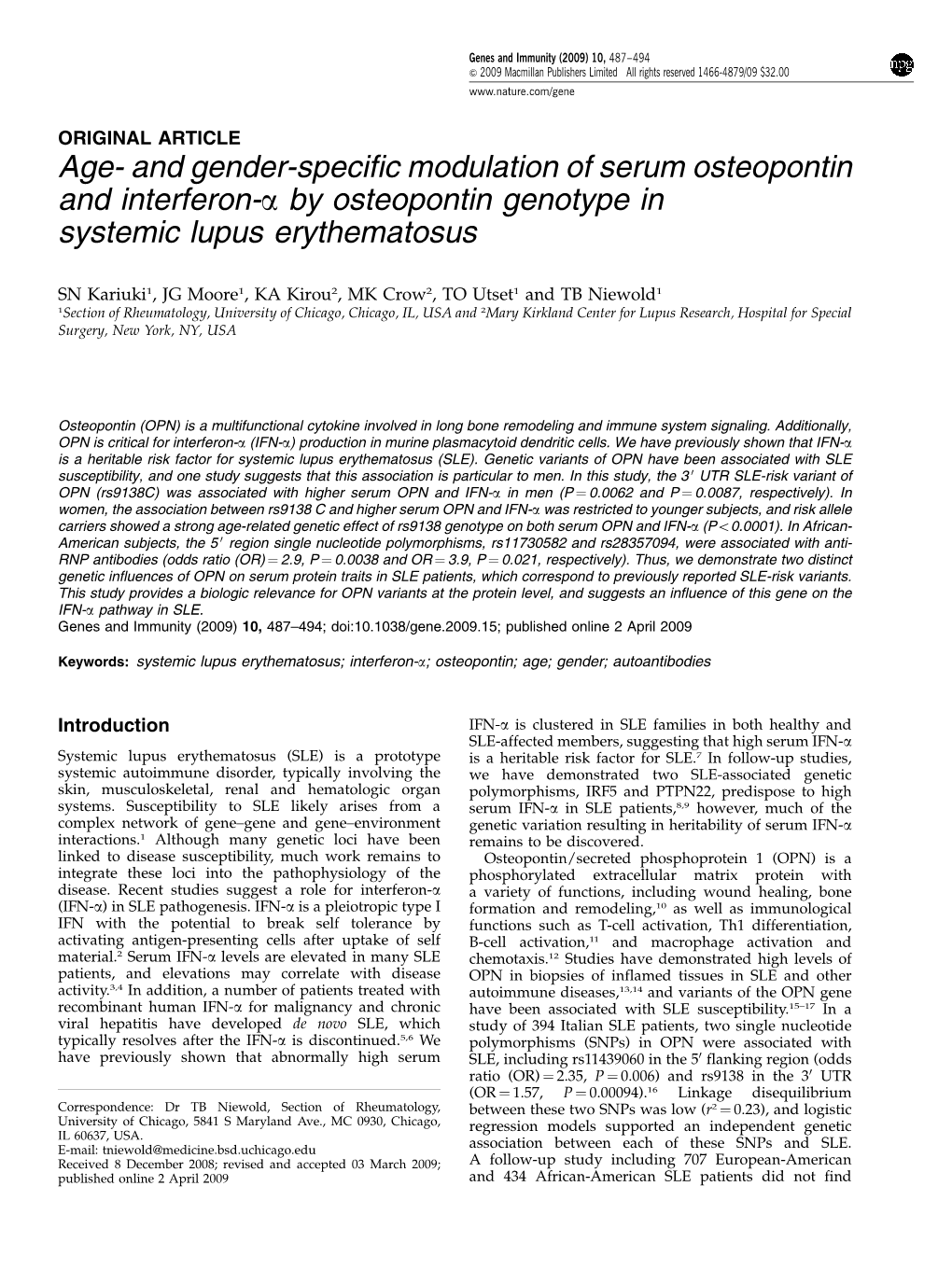 Age- and Gender-Specific Modulation of Serum Osteopontin and Interferon-Α by Osteopontin Genotype in Systemic Lupus Er