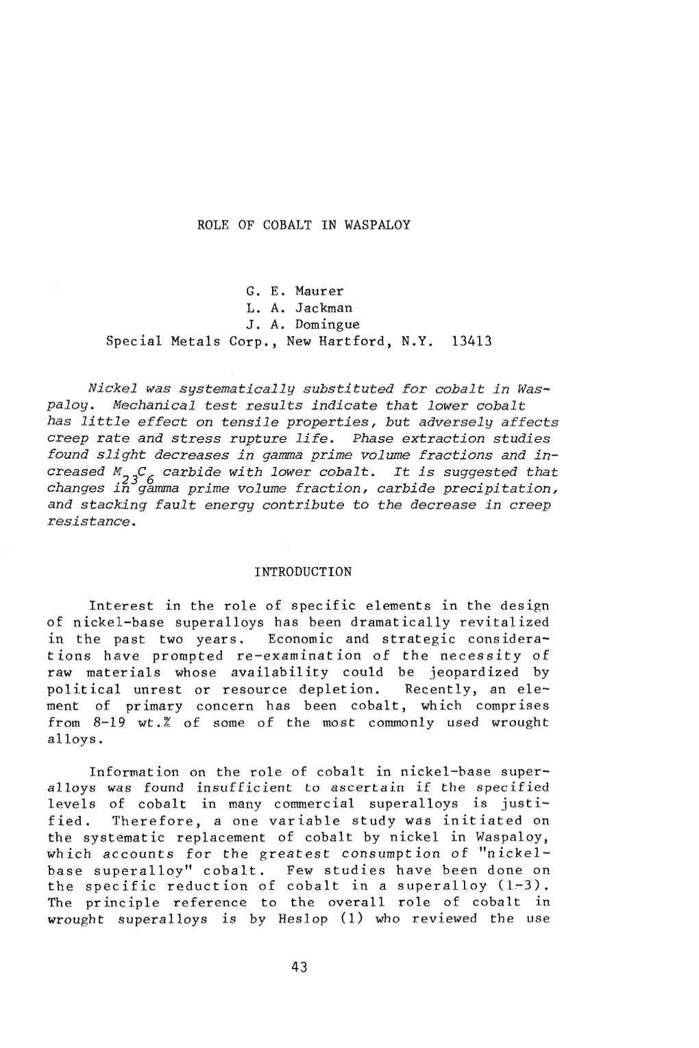 Role of Cobalt in Waspaloy