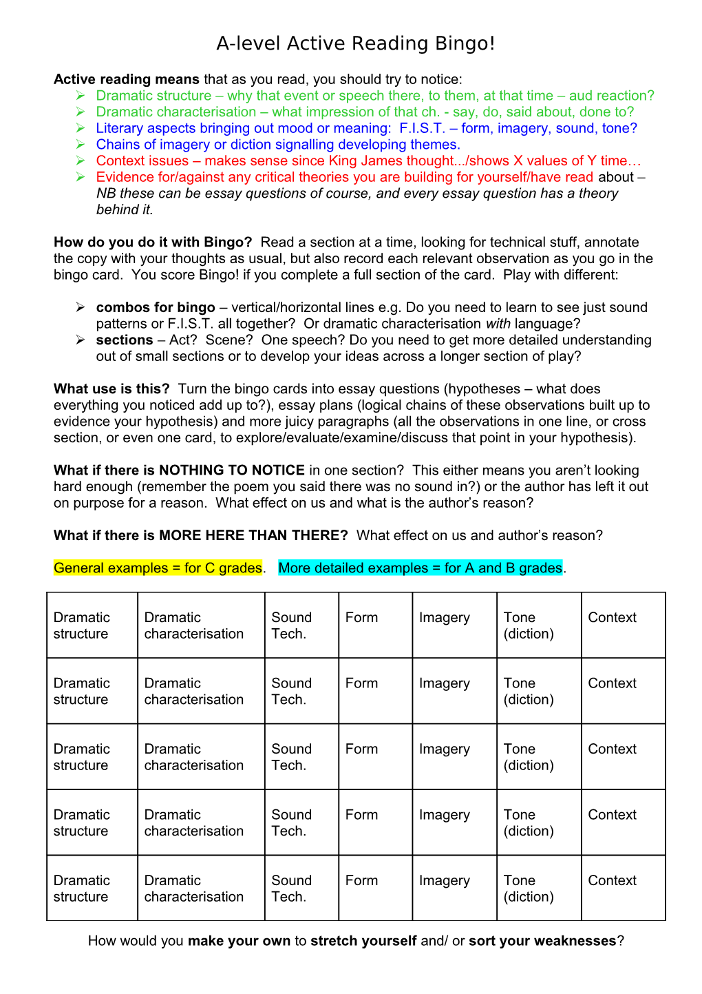 Active Reading Bingo