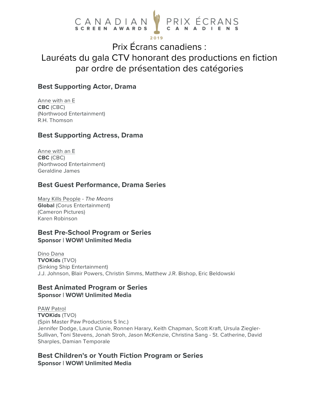 Prix Écrans Canadiens : Lauréats Du Gala CTV Honorant Des Productions En Fiction Par Ordre De Présentation Des Catégories