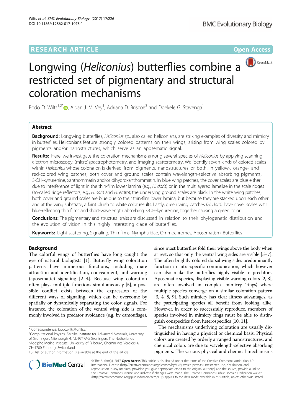 Longwing (Heliconius) Butterflies Combine a Restricted Set of Pigmentary and Structural Coloration Mechanisms Bodo D