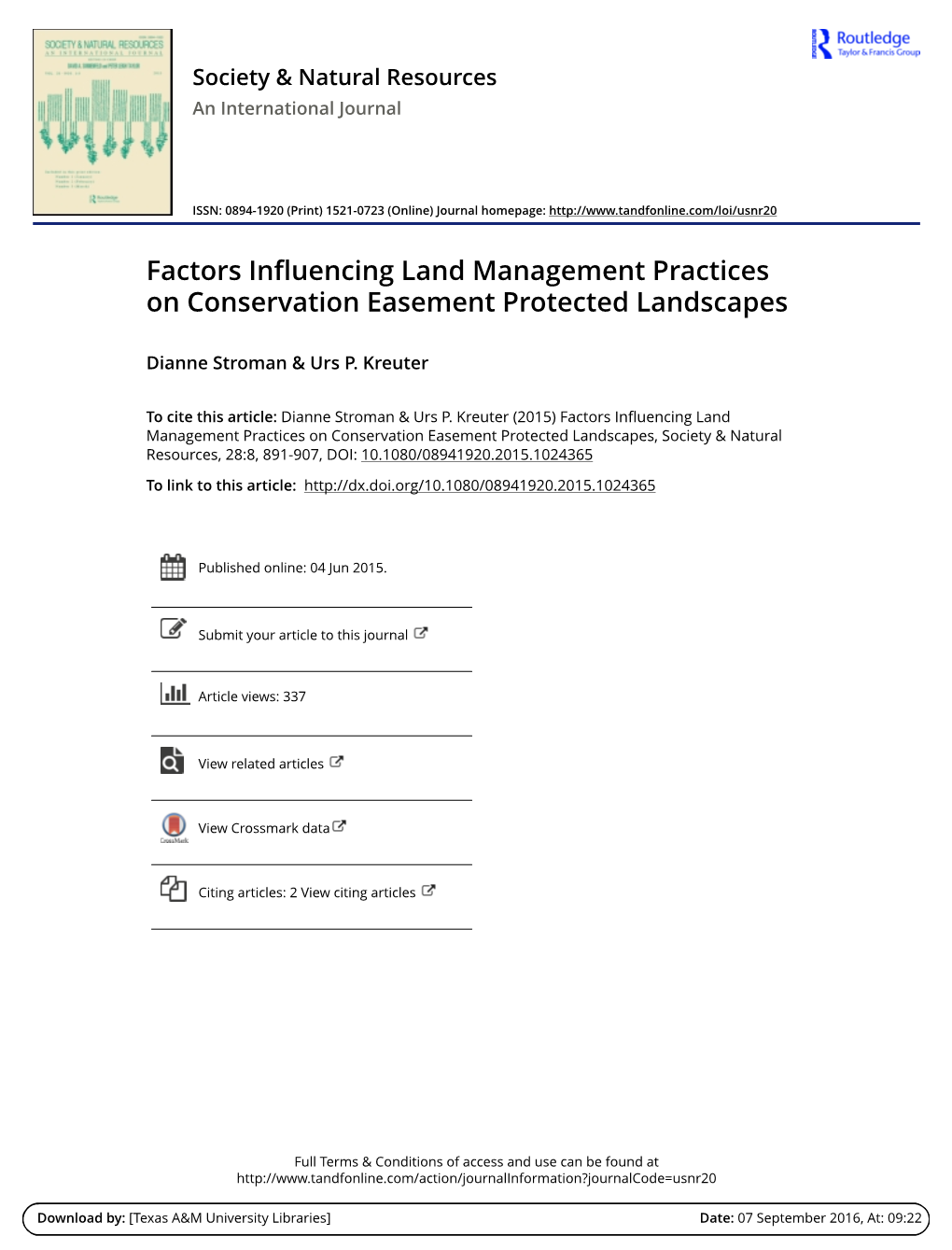 Factors Influencing Land Management Practices on Conservation Easement Protected Landscapes