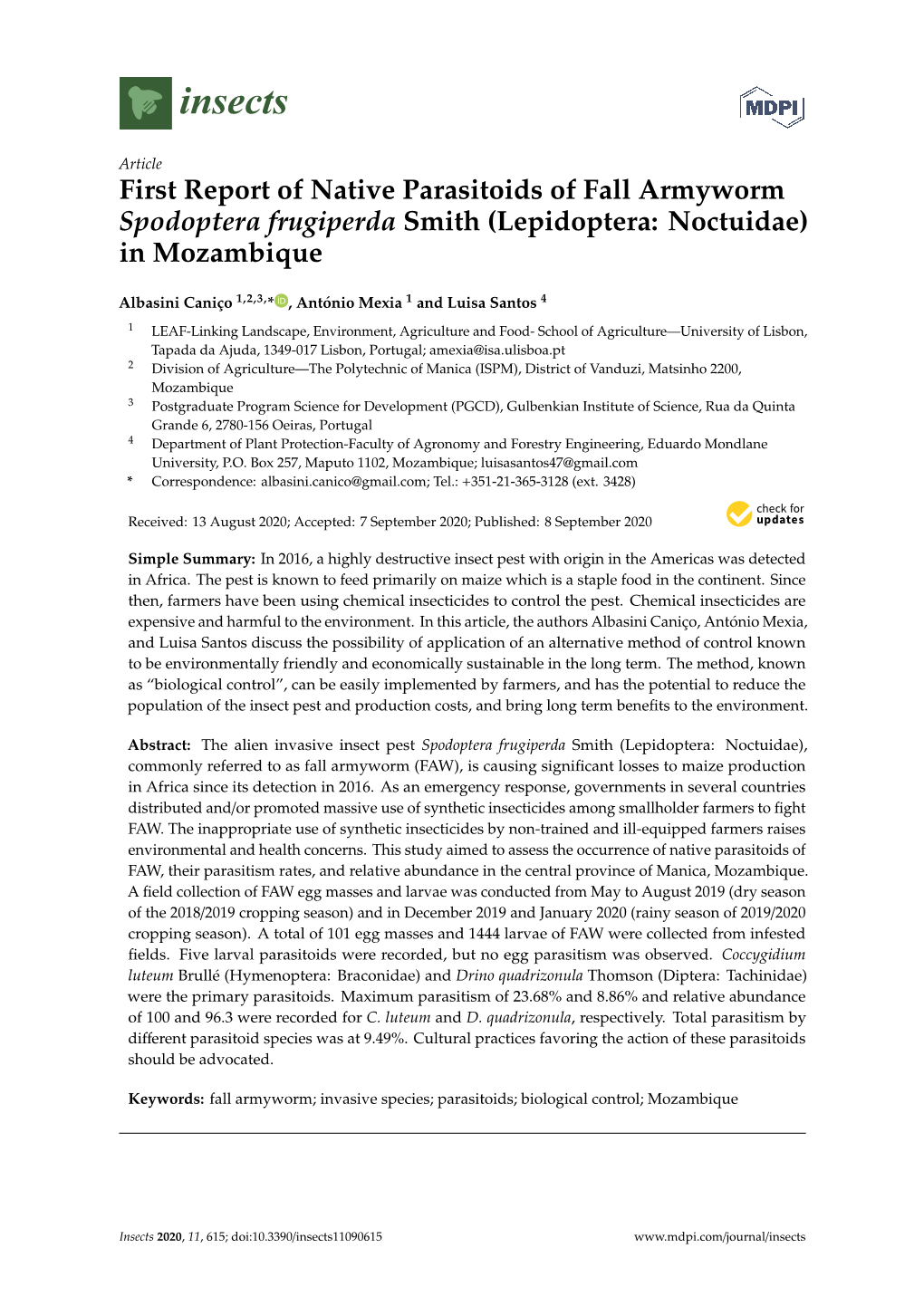 First Report of Native Parasitoids of Fall Armyworm Spodoptera Frugiperda Smith (Lepidoptera: Noctuidae) in Mozambique