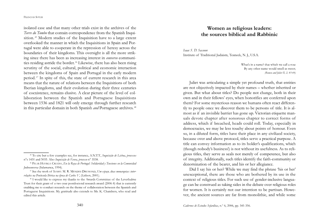 Women As Religious Leaders: the Sources Biblical and Rabbinic