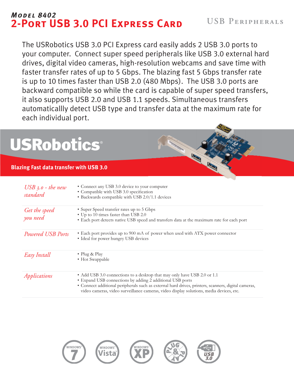 2-Port USB 3.0 PCI Express Card USB Peripherals