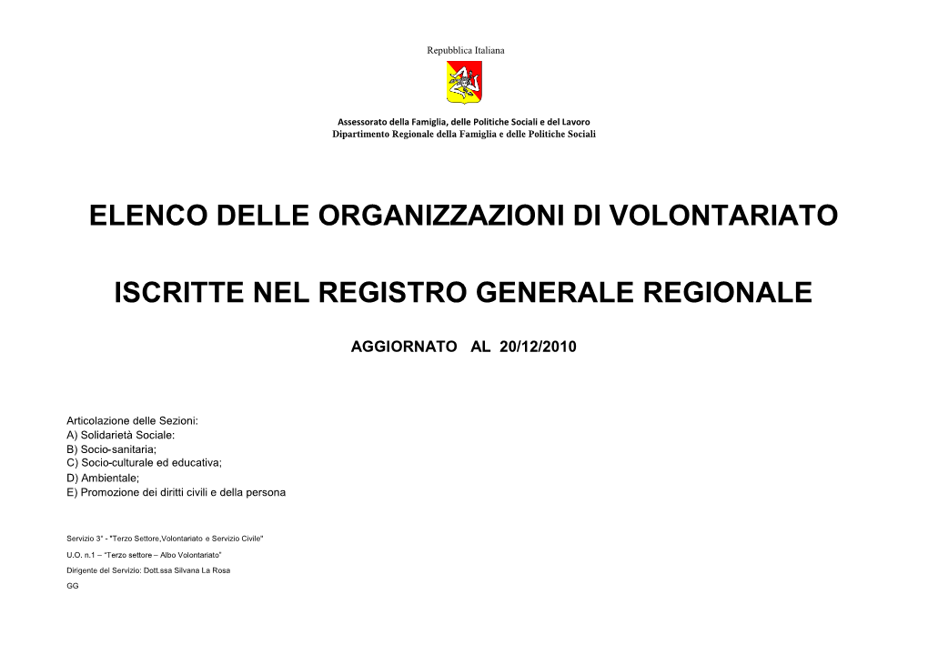 Elenco Delle Organizzazioni Di Volontariato Iscritte Nel Registro Generale Regionale