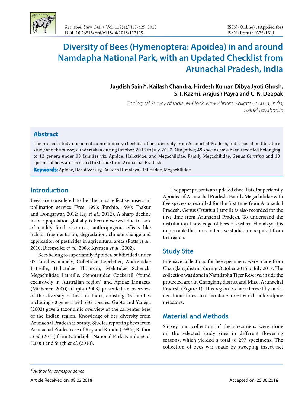 Diversity of Bees (Hymenoptera: Apoidea) in and Around Namdapha National Park, with an Updated Checklist from Arunachal Pradesh, India