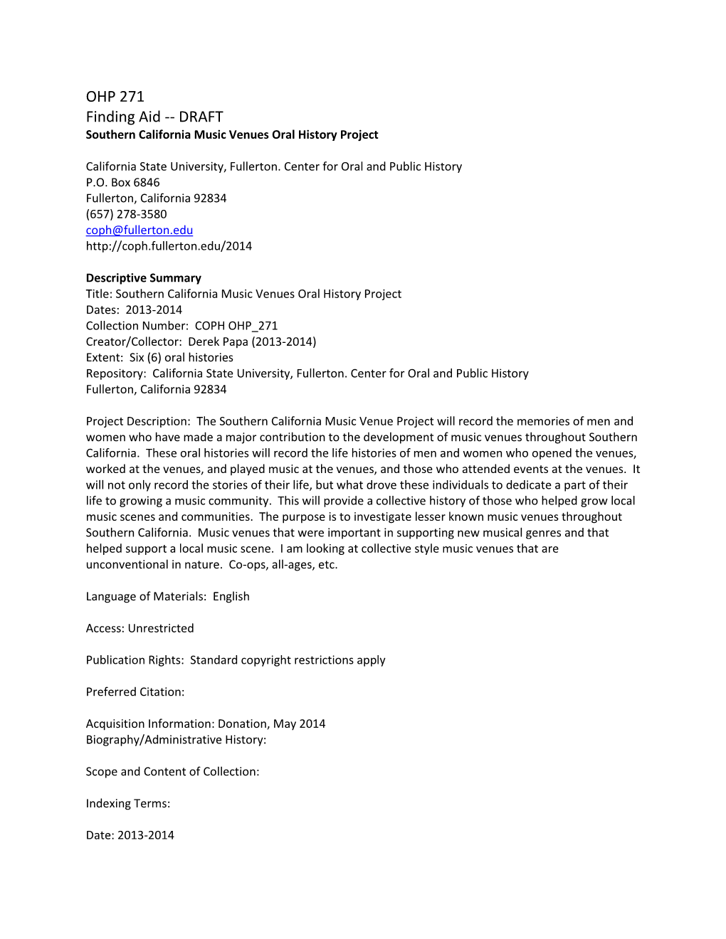 OHP 271 Finding Aid -- DRAFT Southern California Music Venues Oral History Project