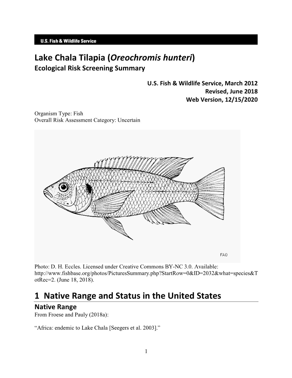 Lake Chala Tilapia (Oreochromis Hunteri) Ecological Risk Screening Summary
