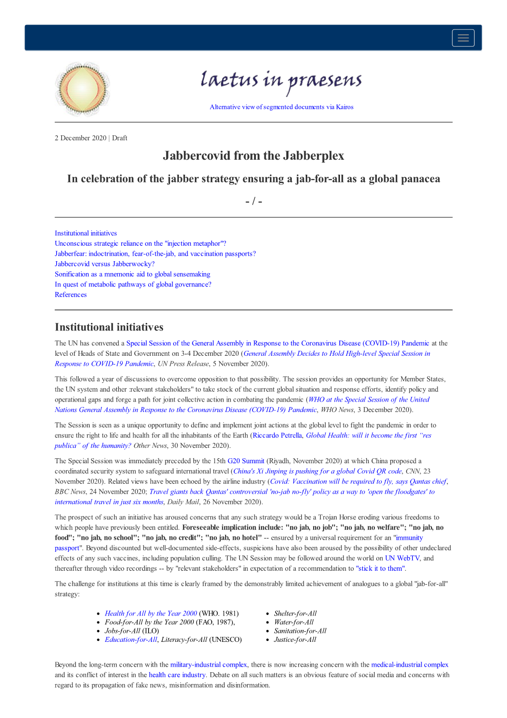 Jabbercovid from the Jabberplex in Celebration of the Jabber Strategy Ensuring a Jab-For-All As a Global Panacea - /